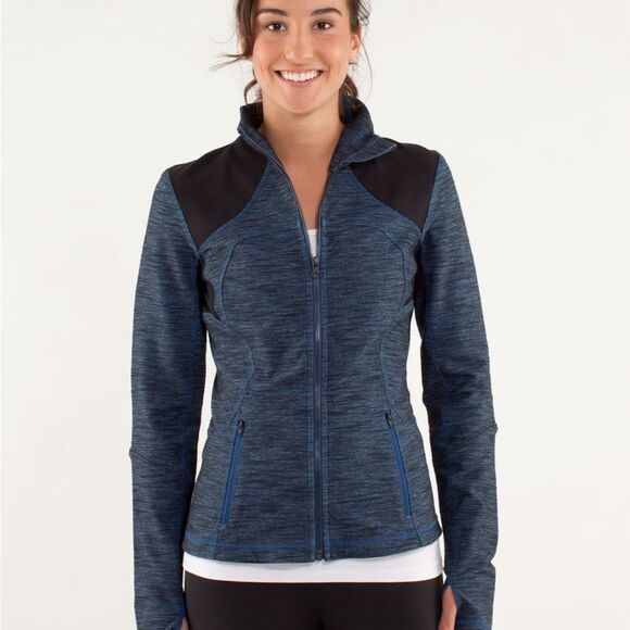 Lululemon forme jacket in slub denim blue and black size 6 with thumb holes - Picture 1 of 13